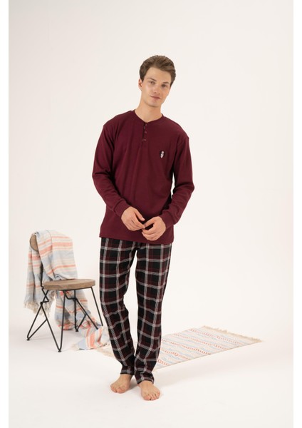 Erkek Kışlık Düğmeli Yaka Kareli Alt Süper Soft Interlok Pijama Takımı Bordo