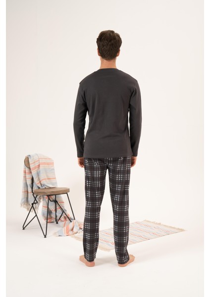Erkek Kışlık Düğmeli Yaka Kareli Alt Süper Soft Interlok Pijama Takımı Antrasit