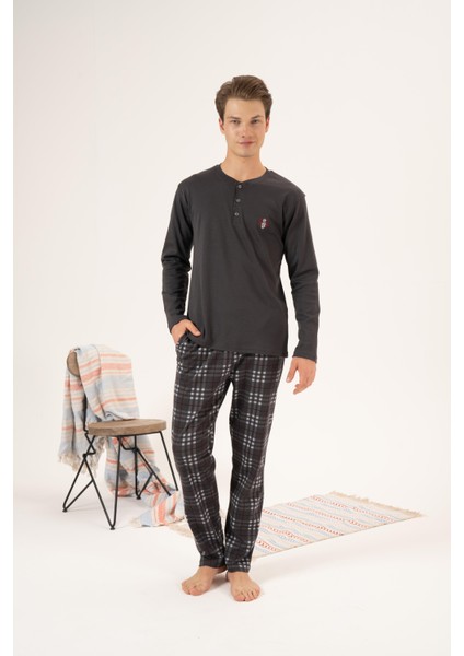 Erkek Kışlık Düğmeli Yaka Kareli Alt Süper Soft Interlok Pijama Takımı Antrasit