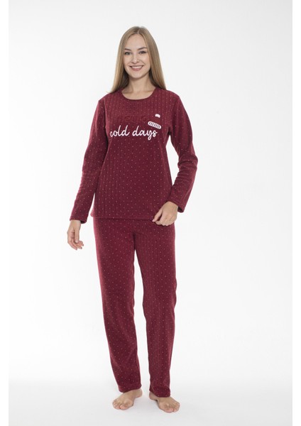 Kadın Kışlık Puantiyeli Fitilli Polar Pijama Takımı Bordo