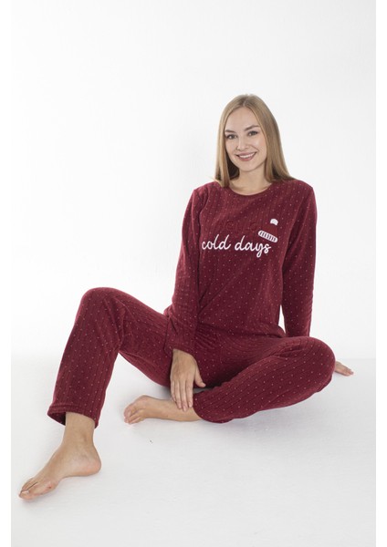 Kadın Kışlık Puantiyeli Fitilli Polar Pijama Takımı Bordo fiyatları