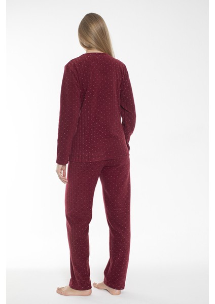 Kadın Kışlık Puantiyeli Fitilli Polar Pijama Takımı Bordo fırsatları