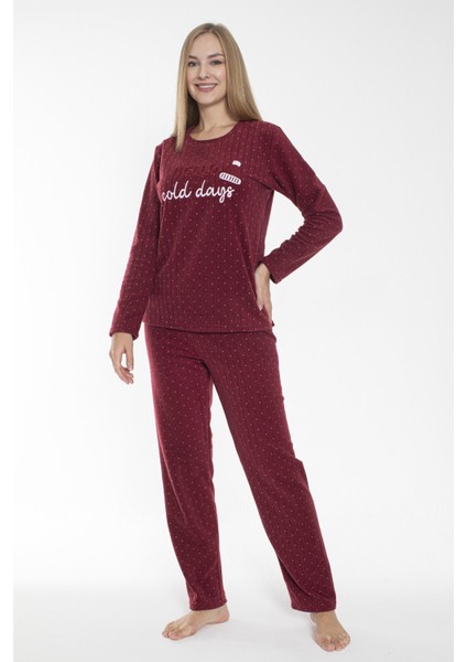 Kadın Kışlık Puantiyeli Fitilli Polar Pijama Takımı Bordo indirimleri