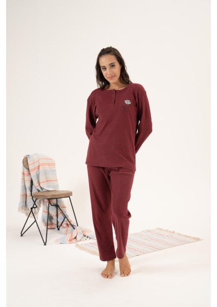Kadın Kışlık Düğmeli Yaka Çiçek Işlemeli Şardonlu Pijama Takımı