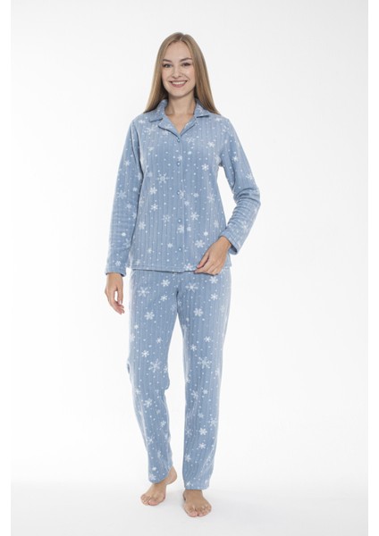 Kadın Kışlık Kar Desenli Önden Düğmeli Fitilli Polar Pijama Takımı Mavi