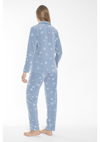 Kadın Kışlık Kar Desenli Önden Düğmeli Fitilli Polar Pijama Takımı Mavi fırsatları