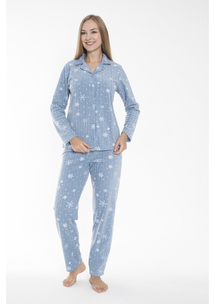 Kadın Kışlık Kar Desenli Önden Düğmeli Fitilli Polar Pijama Takımı Mavi indirimleri