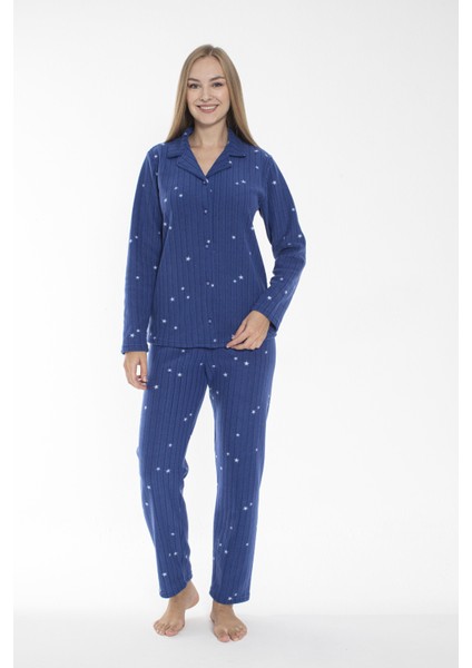 Kadın Kışlık Yıldız Desenli Önden Düğmeli Fitilli Polar Pijama Takımı Koyu Mavi
