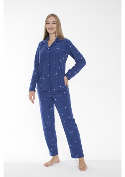 Kadın Kışlık Yıldız Desenli Önden Düğmeli Fitilli Polar Pijama Takımı Koyu Mavi indirimleri