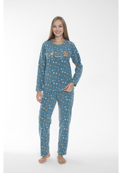 Kadın Kışlık Kurabiye Desenli Fitilli Polar Pijama Takımı Mavi