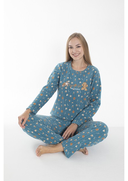 Kadın Kışlık Kurabiye Desenli Fitilli Polar Pijama Takımı Mavi modelleri