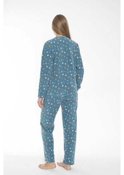 Kadın Kışlık Kurabiye Desenli Fitilli Polar Pijama Takımı Mavi fırsatları