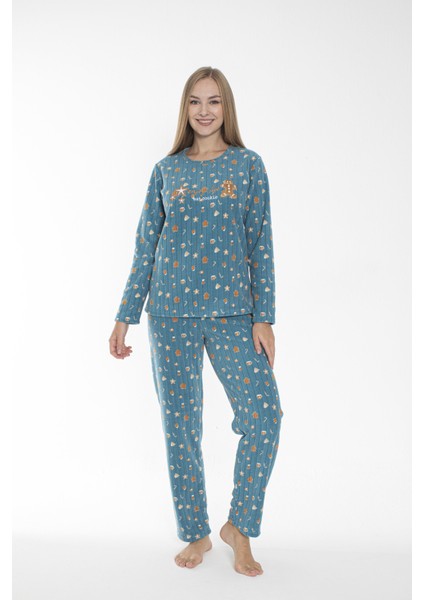 Kadın Kışlık Kurabiye Desenli Fitilli Polar Pijama Takımı Mavi indirimleri