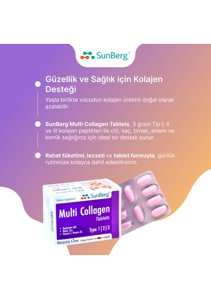 Multi Kolajen 60 Tablet Tip 1, 2, 3, Hyaluronik Asit, Biotin, Çinko