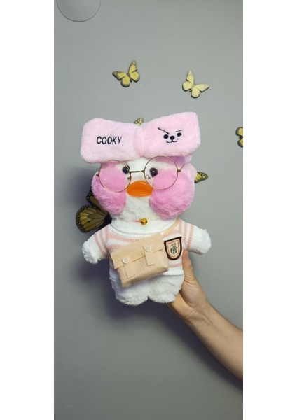 Kawai Lalafanfan Beyaz Renk Peluş Ördek 30 cm Kıyafetli Gözlüklü Oyuncak