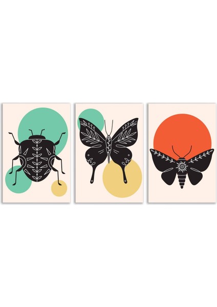 Dekoratif Kelebekli Bohem Retro Art Minimal 3lü Set Tablosu - MNT110