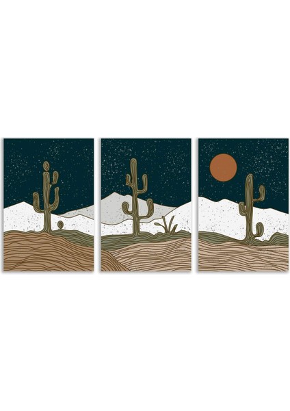 Soyut Kaktüsler Bohem Retro Art Minimal 3lü Set Tablosu - MNT137