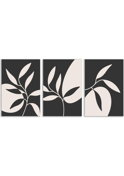 Dekoratif Gri Yaprak Bohem Retro Art Minimal 3lü Set Tablosu - MNT118