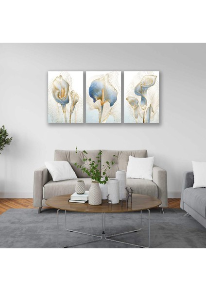 Dekoratif Mavi Çiçekler Bohem Retro Art Minimal 3lü Set Tablosu - MNT135