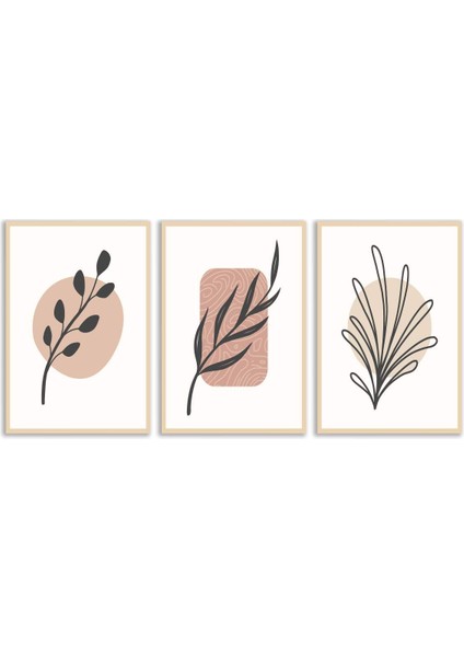 Soyut Yapraklar Bohem Retro Art Minimal 3lü Set Tablosu - MNT141