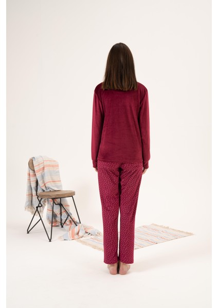 Kadın Kışlık Puantiyeli Kadife Pijama Takımı Bordo fiyatları