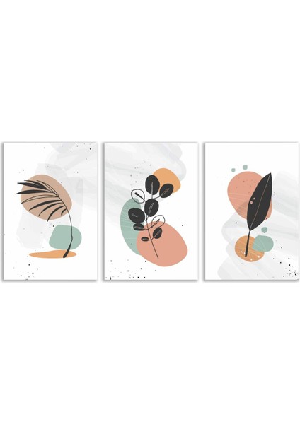 Dekoratif Yaprak Bohem Retro Art Minimal 3lü Set Tablosu - MNT111