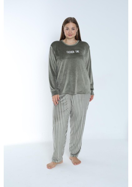 Kadın Kışlık Çizgili Kadife Battal Pijama Takımı Yeşil