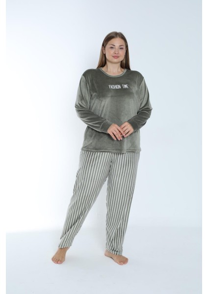 Kadın Kışlık Çizgili Kadife Battal Pijama Takımı Yeşil modelleri