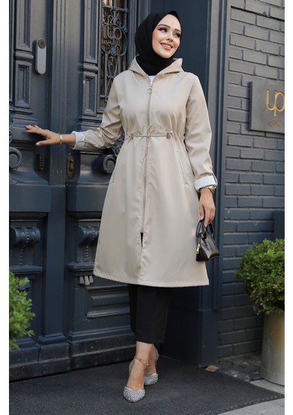 Fermuarlı Bej Tesettür Trençkot 69721BEJ