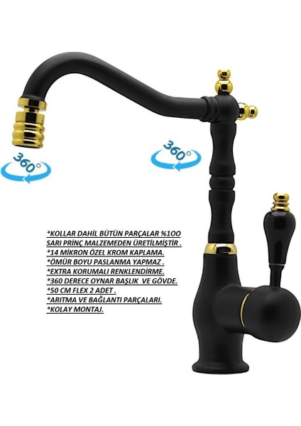 Antik Kısa Siyah Altın Lavabo Bataryası