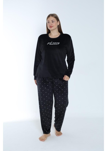 Kadın Kışlık Puantiyeli Kadife Battal Pijama Takımı Siyah modelleri