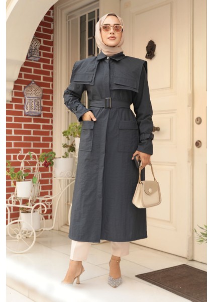 Gemici Yaka Detay Lacivert Tesettür Trençkot 19023L