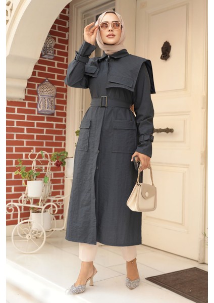 Gemici Yaka Detay Lacivert Tesettür Trençkot 19023L fiyatları