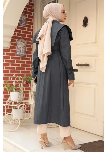 Gemici Yaka Detay Lacivert Tesettür Trençkot 19023L modelleri