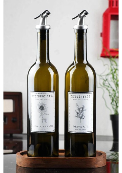 Marasca Ahşap Stantlı Amber 2'li 750 ml Zeytinyağı Sıvıyağ Şişesi Yağdanlık Yağlık Standlı Cam Şişe