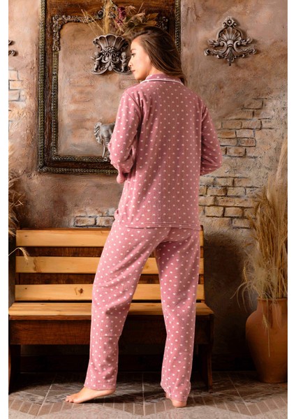 Bayan Kışlık Welsoft Peluş Inci Polar Düğmeli Pijama Takımı 'ipeksi Doku'