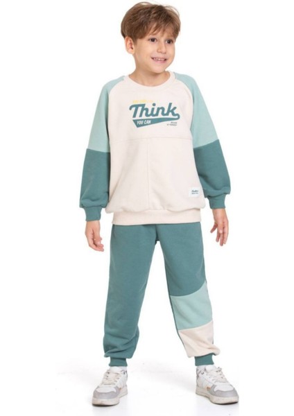 Slogan Baskılı, Ekru-Yeşil Renk Unisex Eşofmantakımı