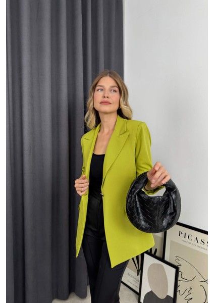 Fıstık Yeşili Kolu Düğmeli Astarlı Kruvaze Ceket