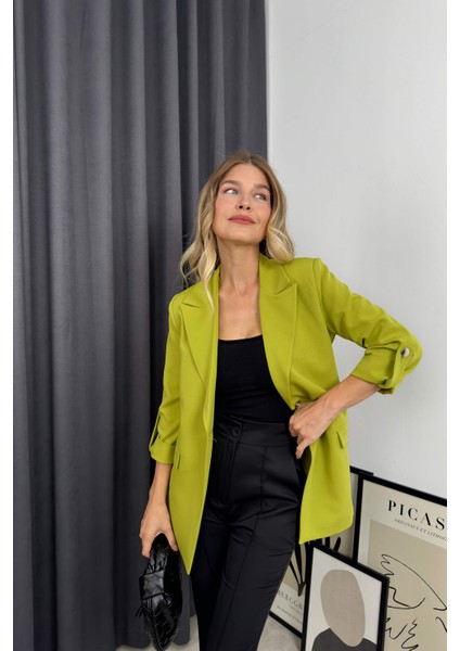 Fıstık Yeşili Kolu Düğmeli Astarlı Kruvaze Ceket modelleri