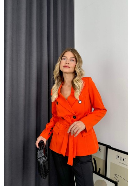 Oranj Kruvaze Yaka Düğmeli Kuşaklı Astarlı Blazer Ceket