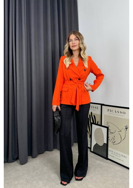 Oranj Kruvaze Yaka Düğmeli Kuşaklı Astarlı Blazer Ceket