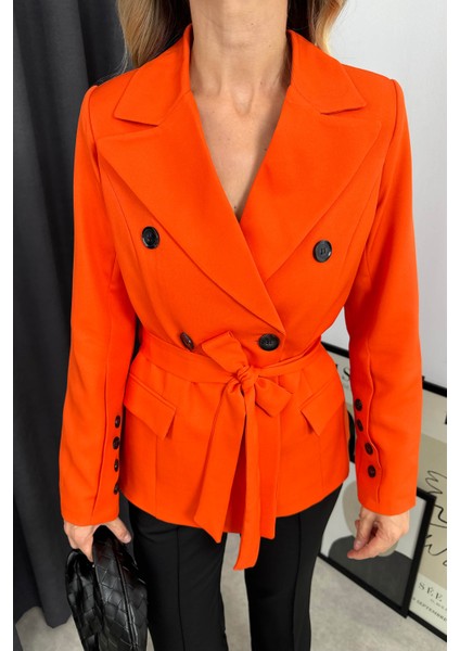 Oranj Kruvaze Yaka Düğmeli Kuşaklı Astarlı Blazer Ceket