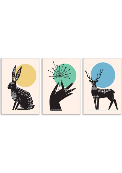 Dekoratif Bohem Retro Art Minimal 3lü Set Tablosu - MNT109