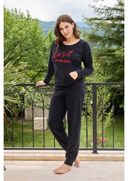 Kadın 3730-1 Fitilli Polar Pijama Takımı Koyu Lacivert