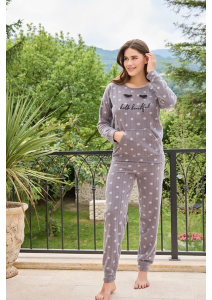 Kadın 3730-9 Polar Pijama Takımı Füme