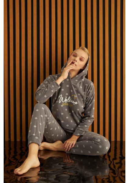 Kadın 3720-22 Kapşonlu Fitilli Polar Pijama Takımı Füme fiyatları