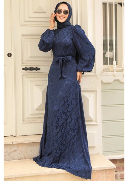 Desenli Lacivert Tesettür Elbise 23272L