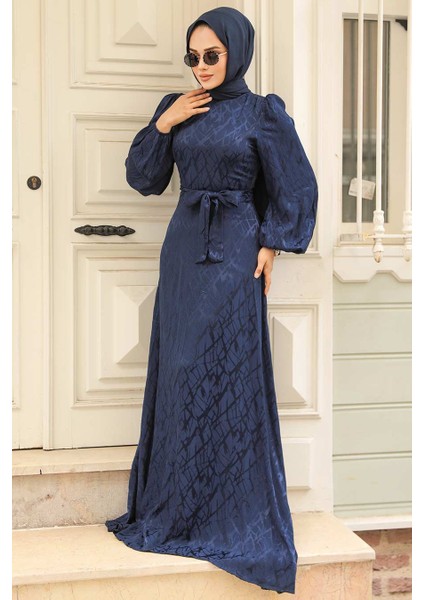Desenli Lacivert Tesettür Elbise 23272L