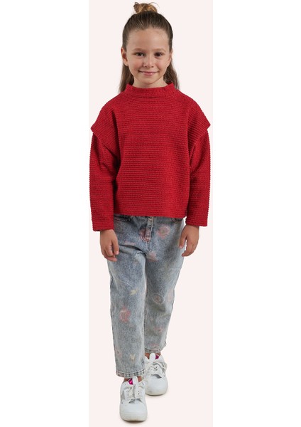 Kız Çocuk Dokulu Örme Kırmızı Triko
