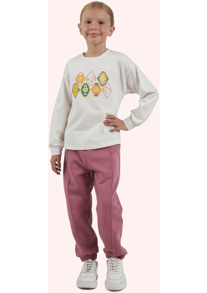 Kız Çocuk Baskılı Ekru Tişört